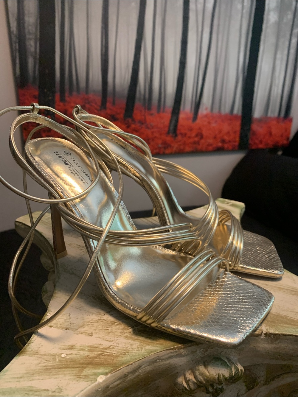 Call It Spring Gold Strappy Square-Toe Stiletto Sandals